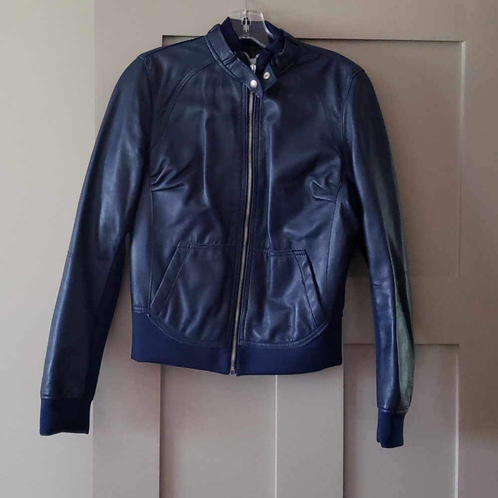 Mangotti Navy leather bomber jacket. Size large.